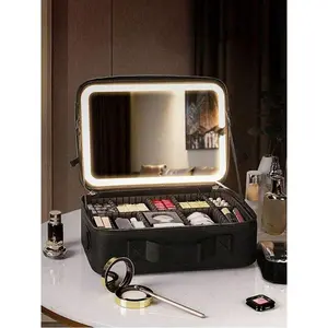 Portable LED makeup case with mirror, large-capacity adjustable compartment cosmetic organizer, suitable for travel and daily beauty use.