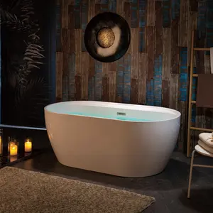 WOODBRIDGE 59" Acrylic Freestanding Bathtub Contemporary Soaking White Tub with Brushed Nickel  Overflow and Drain,B0064-BN