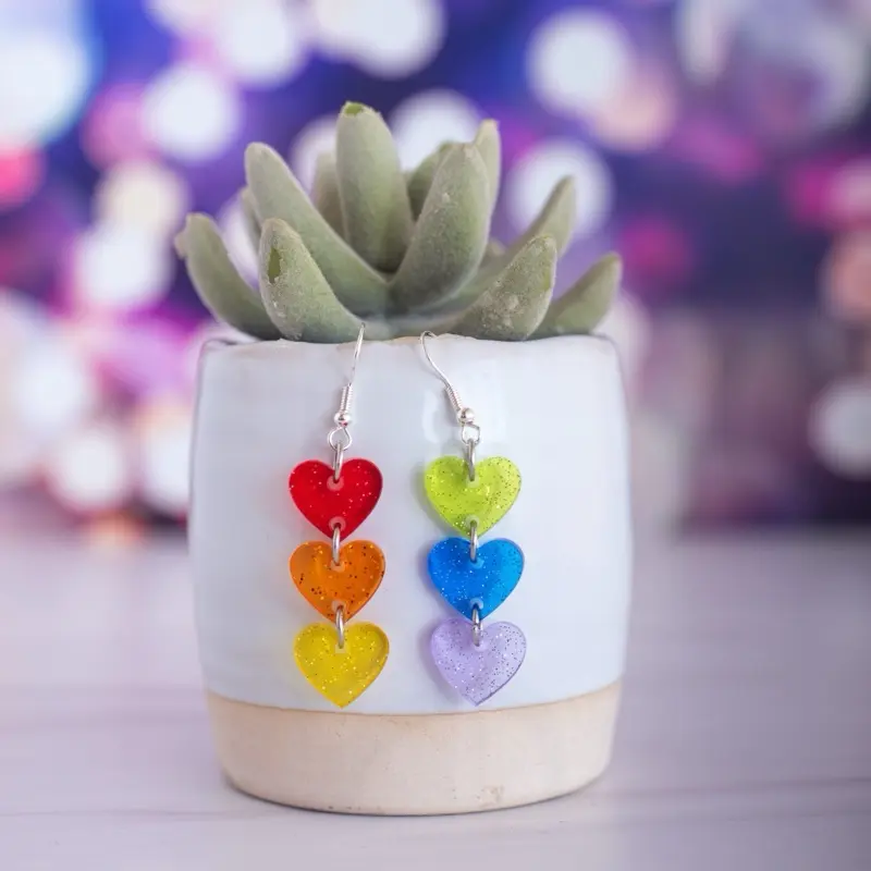 Pride Rainbow Glitter Jelly Three Heart Drop Dangle Earrings