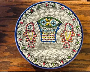 Handmade Palestinian Ceramic Plate Tabgha Loaves & Fishes Mosaic Pattern Easter Faith Inspired 11" Dishwasher Safe Wall Art