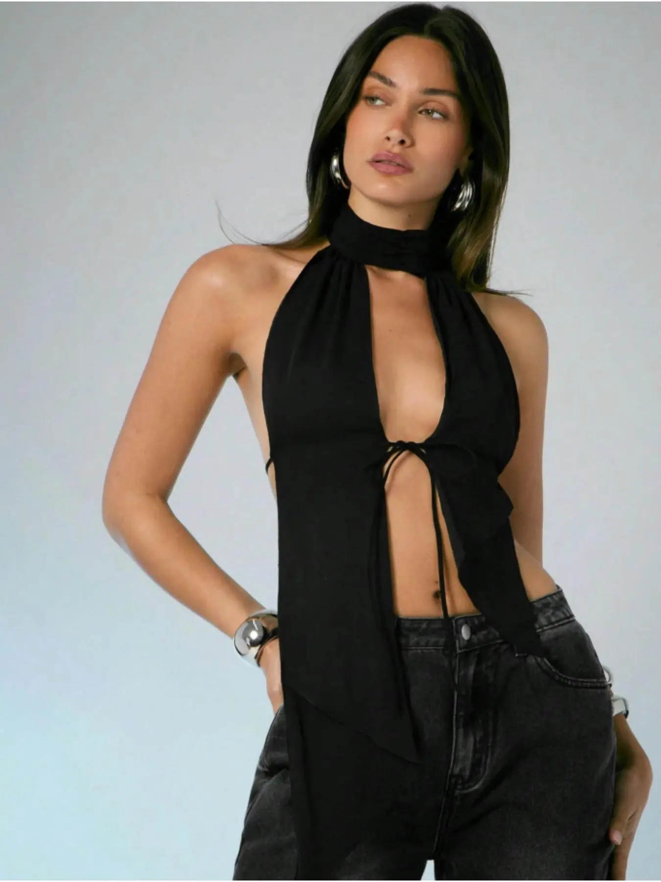 Sexy Halter Backless Top, Hollow Out Design, Minimalist, Irregular Hemline, Slimming Short Sleeve Shirt, Perfect for Casual Wear, Casual Basic Top
