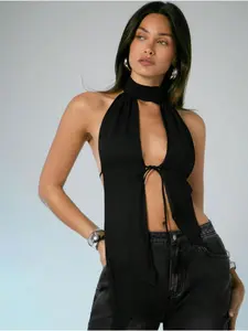 Sexy Halter Backless Top, Hollow Out Design, Minimalist, Irregular Hemline, Slimming Short Sleeve Shirt, Perfect for Casual Wear