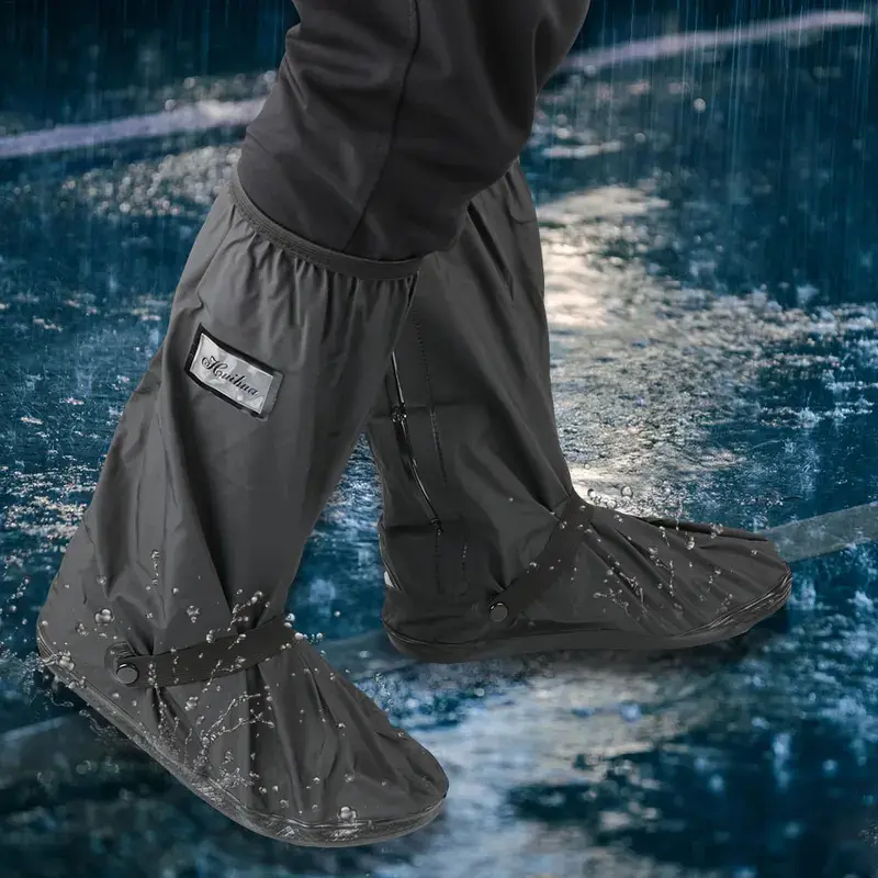Waterproof PVC Motorcycle Boot Covers - Foldable, Wide Mouth, Zipper, Adjustable Strap, Polyester Outdoor Sports Footwear for Motorcyclists (Bicycle, Scooter Accessories)
