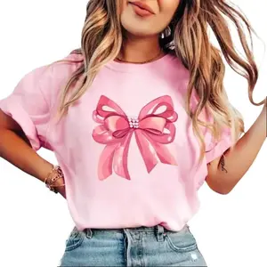 Coquette Pink Bow Shirt, Pink Bow TShirt, Coquette T-Shirt, Pink Ribbon Tee Shirt, Bow College T-Shirt, Soft Girl Era Shirt, Gift For Her, Gift For Wife, Women T-Shirts, Wife Birthday Gift, Birthday Gift For Friends