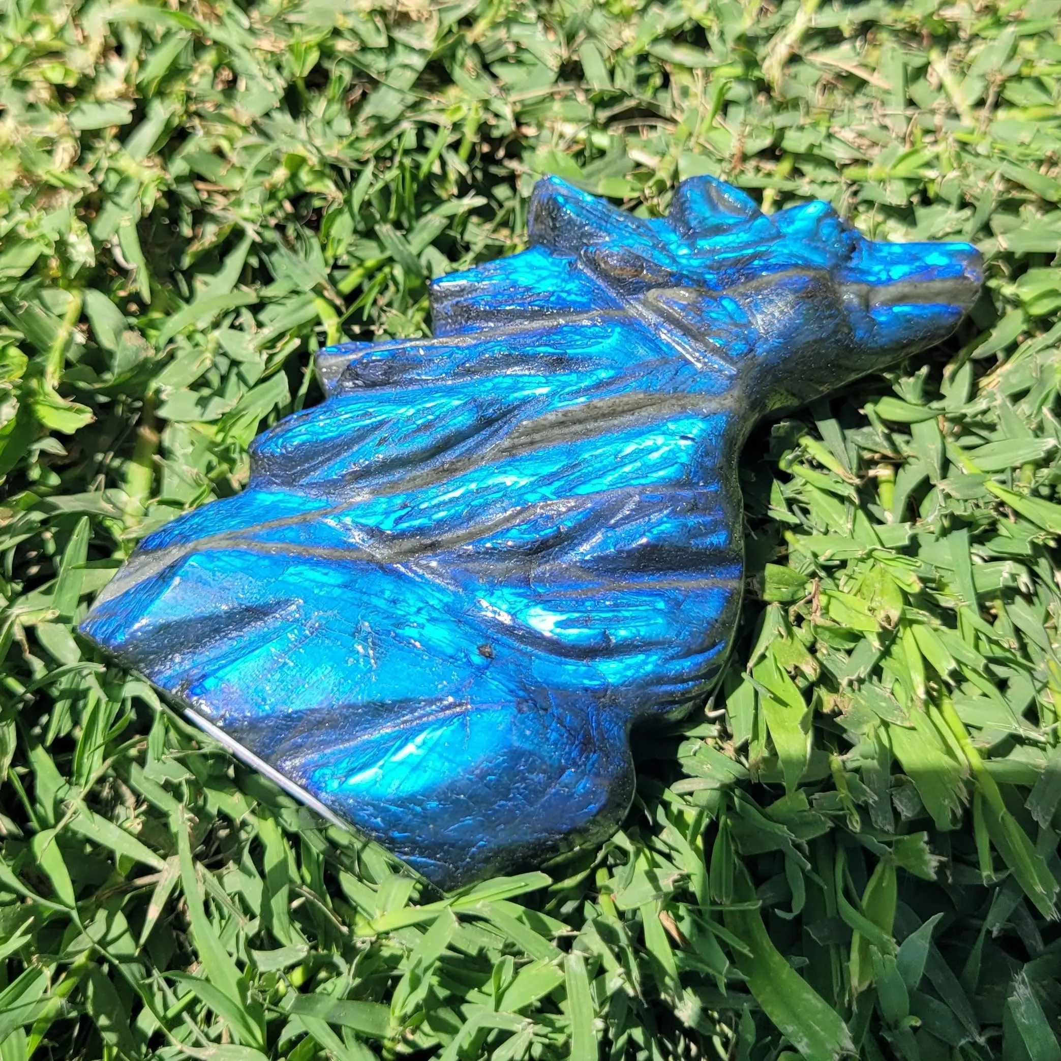 Medium Labradorite Wolf Stone Carving - Natural Stone