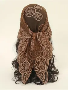Spring Floral Mesh Scallop Design Bandana, Boho Style Floral Embroidered Scarf, Women's Scarf for All Seasons, Fashion Accessories for Women & Girls, Headscarf
