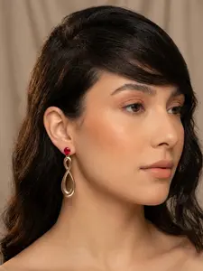 Gold Infinity Drop Earrings with Ruby Red Crystal
