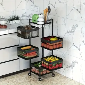 5-Layer Rotating Storage Rack, Multi-functional Fruit And Vegetable Rack, Wheeled Storage Cart With Multiple Layers, Floor-standing Storage Rack For Kitchen, Bathroom, And Living Room, No-assembly Required, Practical Shelf, Storage Essentials