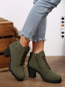 Women's Lace-Up Side Zip Chunky Heel Ankle Boots, British Style Metal Buckle Short Boots, Fashion Fall Winter Vintage Shoes, Elegant Boots, Western Ankle Boots