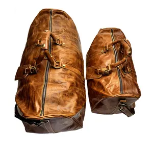 Leather Duffle Bag Set - Full Grain Leather Travel Bag - Carry On Weekender Overnight Duffel Bag.