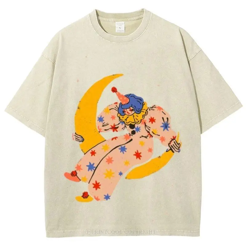 Clown on th Moon Unisex Vintage Tee, Vintage Distressed Colorful Tee,, Natural Theme Unisex Streetwear