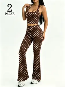 Women's 2 Pack Polka Dot Workout Outfits, Summer Athletic Wear, Halter Neck Crop Tank Top & High Waist Flare Leg Yoga Pants, Tummy Control Slim Fit 2 Piece Activewear Sets, Sportswear for Gym, Running, Lounge Sets for Ladies