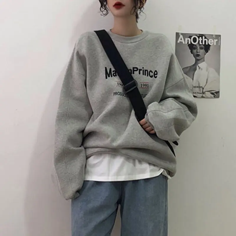 Loose Vintage Gray Round-collar Hoodless Sweater Women