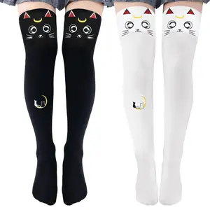 Littleforbig Thigh High Cute Print Over The Knee Silk Stockings 2 Pairs Set - White and Black