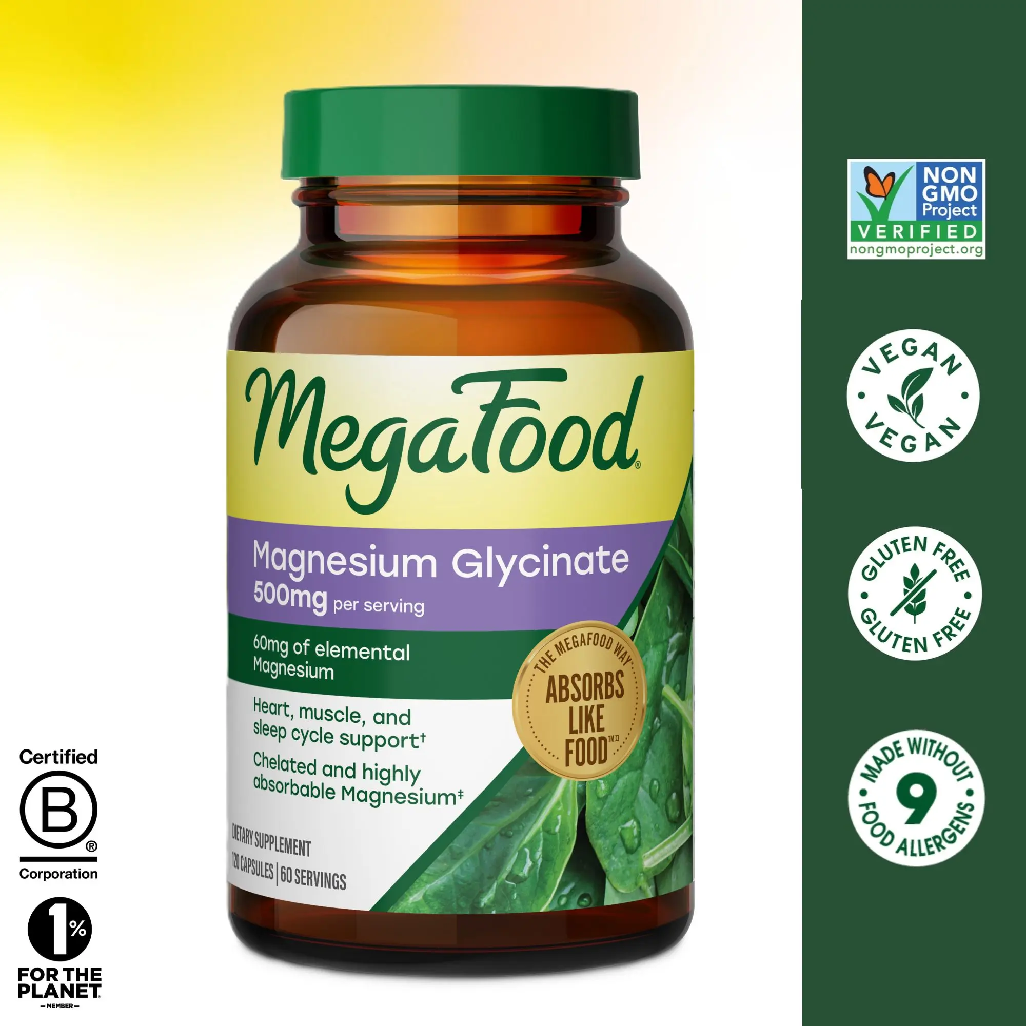 MegaFood Magnesium Glycinate Capsules, Gentle Sleep & Relaxation Support, 500mg Chelated Formula with Organic Spinach, Non-Buffered, Easy on Stomach – 60 Capsules Supplement Healthcare