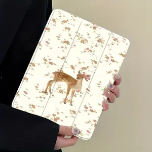 Vintage Floral Fawn Tablet Protective Case, Cute Aesthetic Cover, Auto Sleep/Wake Function, Drop & Scratch Resistant, Transparent Acrylic Back, Multi-Size Compatibility 12.9/13 Inch, Perfect Gift