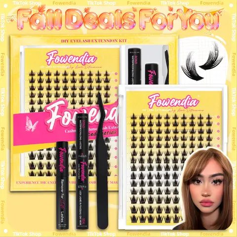 Fowendia Lash Clusters Kit - DIY Volume Makeup Fluffy False Eyelashes, Short Manga Anime Style, California Sunset/Wanna Be Short, C/D Curl, 8-14mm, Ultra-Thin Transparent Bands, Bond, Seal, Remover