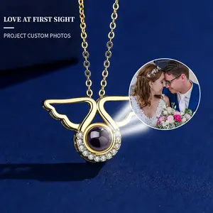 Love at First Sight Custom Photo Projection Necklace  Angel Wings Pendant Pure Silver Alloy Collarbone Chain Personalized Gift for Mom Birthday Christmas,custom gift