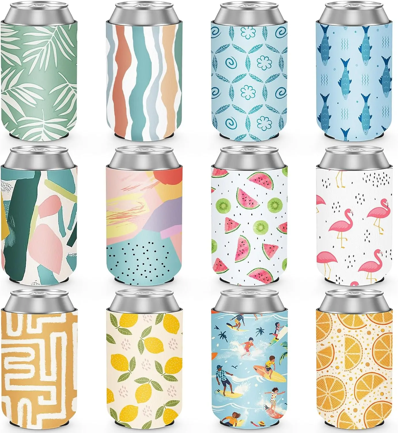 HooAMI 12-Pack Foldable Lightweight Insulated Neoprene Beverage Can Cooler Sleeves, Bulk Beach Pool Drink Holders, Men’s Birthday Party Favor Decorations
