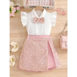 Girl's Summer Sweet and Elegant Two-Piece Set - Double-Layered Lace Flutter Sleeve Blouse + Sequined Bow Tie + Glitter Split Skirt Pants - Perfect for School Events, Outdoor Play, Fashionable Party Wear, Vibrant Gift Choice, Perfect for Outdoor