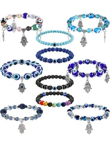 10pcs Beaded Evil Eye Bracelet for Women Men Hamsa Blue Evil Eye Charm Stretch Bracelet Hand of Fatima Turkish Protection Bracelet Chakra Evil Eye Jewellery Gift Beaded Bracelets