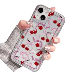Phone Case: Fashionable and High-end Cherry Bow Pattern Transparent Air Cushion Soft Phone Case Suitable for iPhone XS 11 12 13 14 15 16 17pro Max Transparent Shockproof Protective Case Suitable for 14 15 16Plus Series Soft Shell