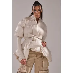 RIB SLEEVE PEPLUM PUFFER IN IVORY