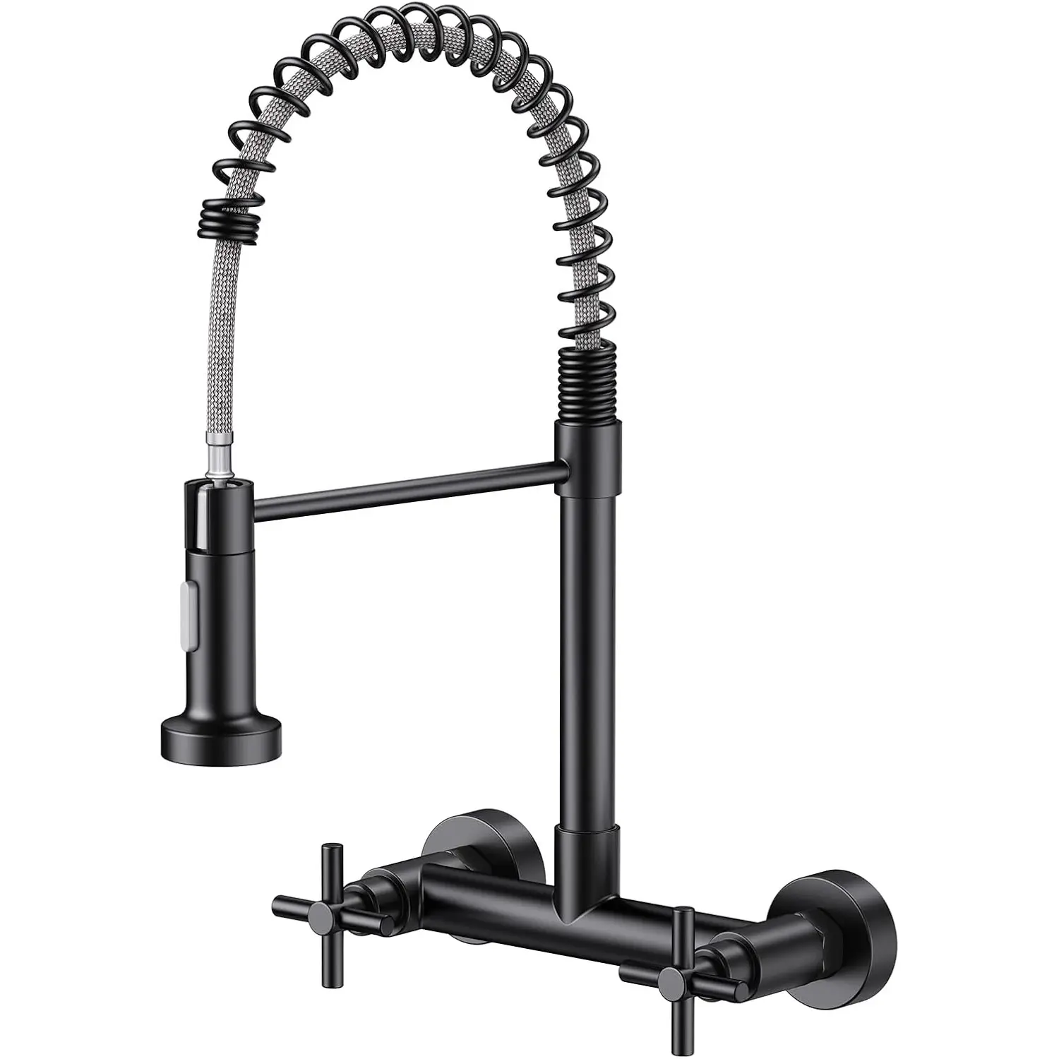 Wall Mount Kitchen Faucet,  Matte Black Kitchen Sink Faucet, 8 Inch 2 Handle Wall Mount Commercial Sink Faucet with Pull Down Sprayer for Kitchen Laundry Room Restaurant