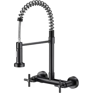 Wall Mount Kitchen Faucet,  Matte Black Kitchen Sink Faucet, 8 Inch 2 Handle Wall Mount Commercial Sink Faucet with Pull Down Sprayer for Kitchen Laundry Room Restaurant