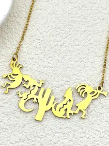 Kokopelli Indian Rain God Pendant Necklace For Women Men Stainless Steel Gold Color Cactus Wolf Natural Chain Accessory