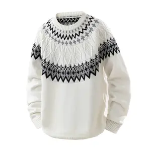 Men's Black Nordic Fair Isle Knitted Sweater, Crew Neck Geometric Pattern Casual Winter Pullover