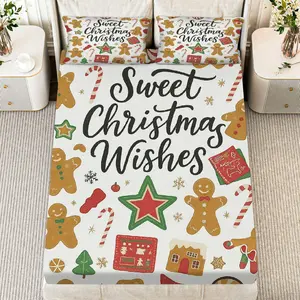3Pcs Gingerbread Candy Cane Christmas Fitted Sheet Three Piece Set (1*Fitted Sheet+2*Pillowcases, Coreless), Christmas theme, Festive Holiday Bedding Set, Mattress Protector Soft, Breathable, Living Room, Bedroom