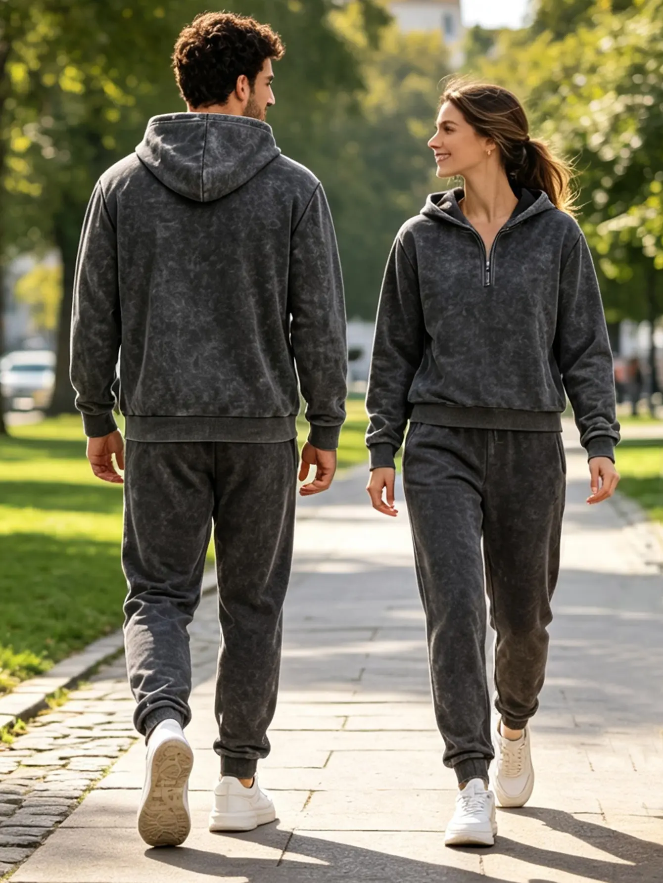 Men's Unisex Acid-Wash Cotton 2-Piece Half-Zip Hoodie & Sweatpants Set, Classic Fit, Elastic Drawstring Waistband, Multi-Color Casual Practical Set for Daily Wear