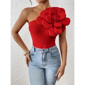 Elegant Red Floral Applique Tube Top for Women - Stretchy Polyester, Machine Washable, Perfect for Spring