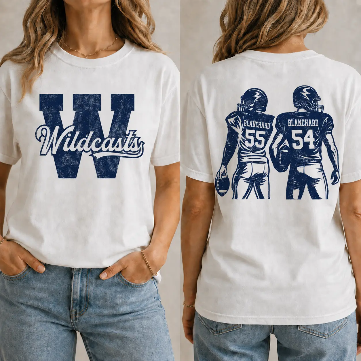 Wildcats Football Comfort 1717 T-Shirt, Blanchard 54 55 Front and Back Print, Retro Varsity Game Day Tee, Team Spirit Shirt