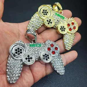 MaxBling81 Large Game Controller Charm Pendant - Cubic Zirconia Hip Hop Bling, Gold-Silver Plated, Casual Unisex Daily Wear Fashion Accessory