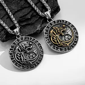 Nordic Viking wolf head rune pendant necklace trendy men accessories personalized retro jewelry