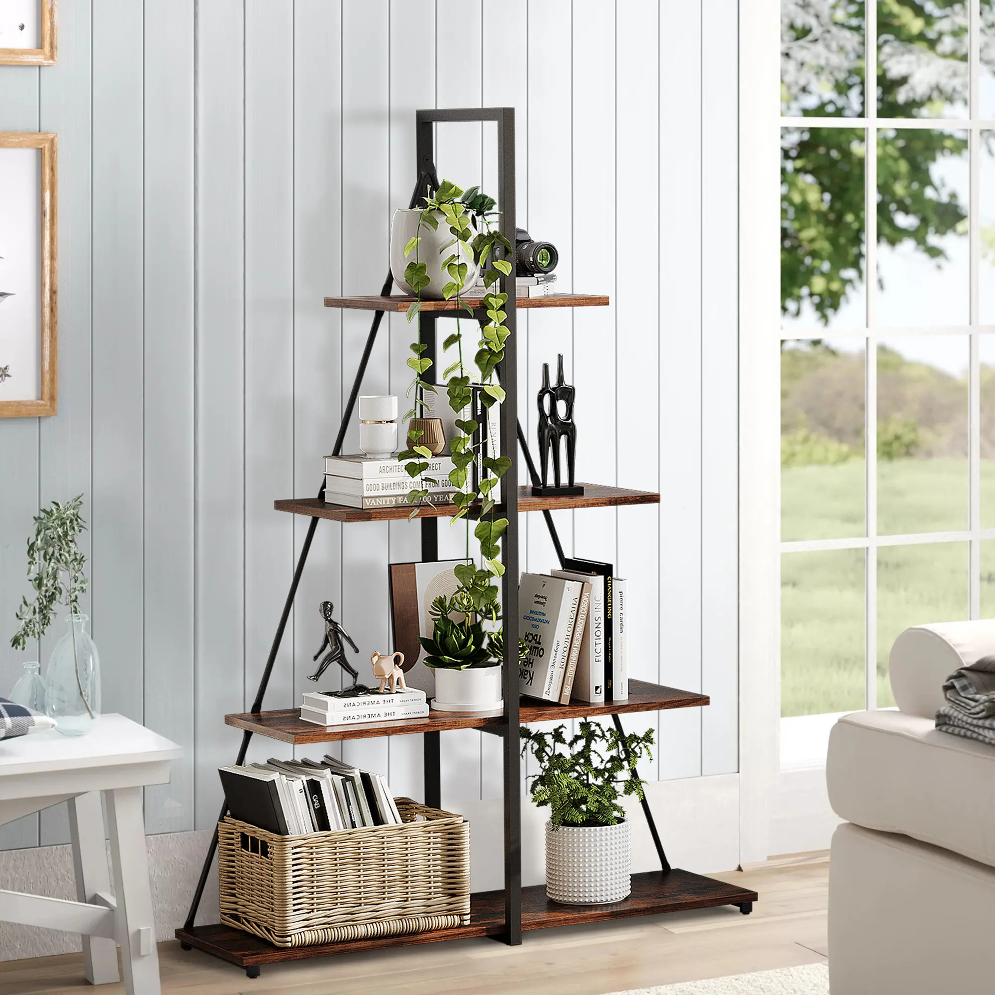 Industrial 4-Tier A-Shaped Ladder Bookshelf, Freestanding Tall Display Storage Shelf with Sturdy Metal Frame, Modern Open Bookcase Organizer for Home Office Decor, White Finish