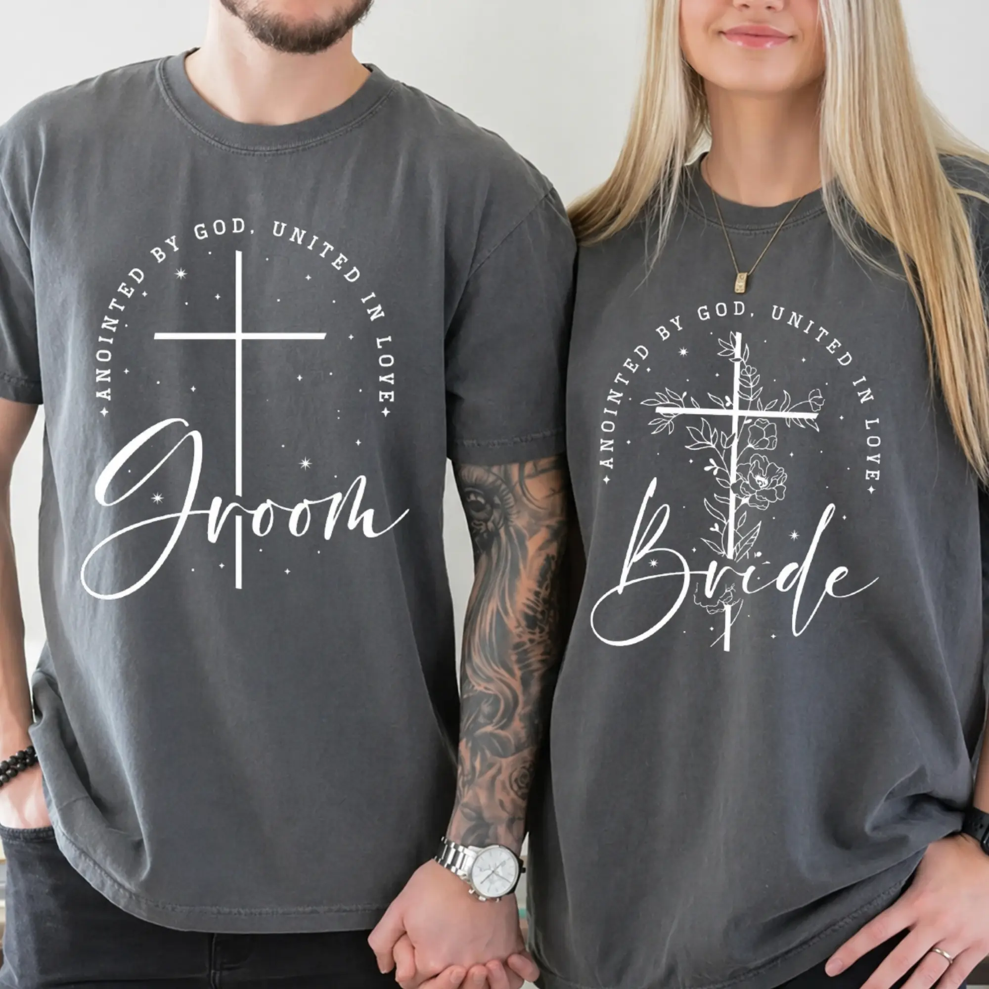[100% Cotton] Bride Groom Christian Wedding T Shirt Matching, Anointed By God United In Love Tee Faith Cross Graphic Shirt, Couple Wedding Outfit, Religious Marriage Tee, Bride Groom Shirt Gift For Couples