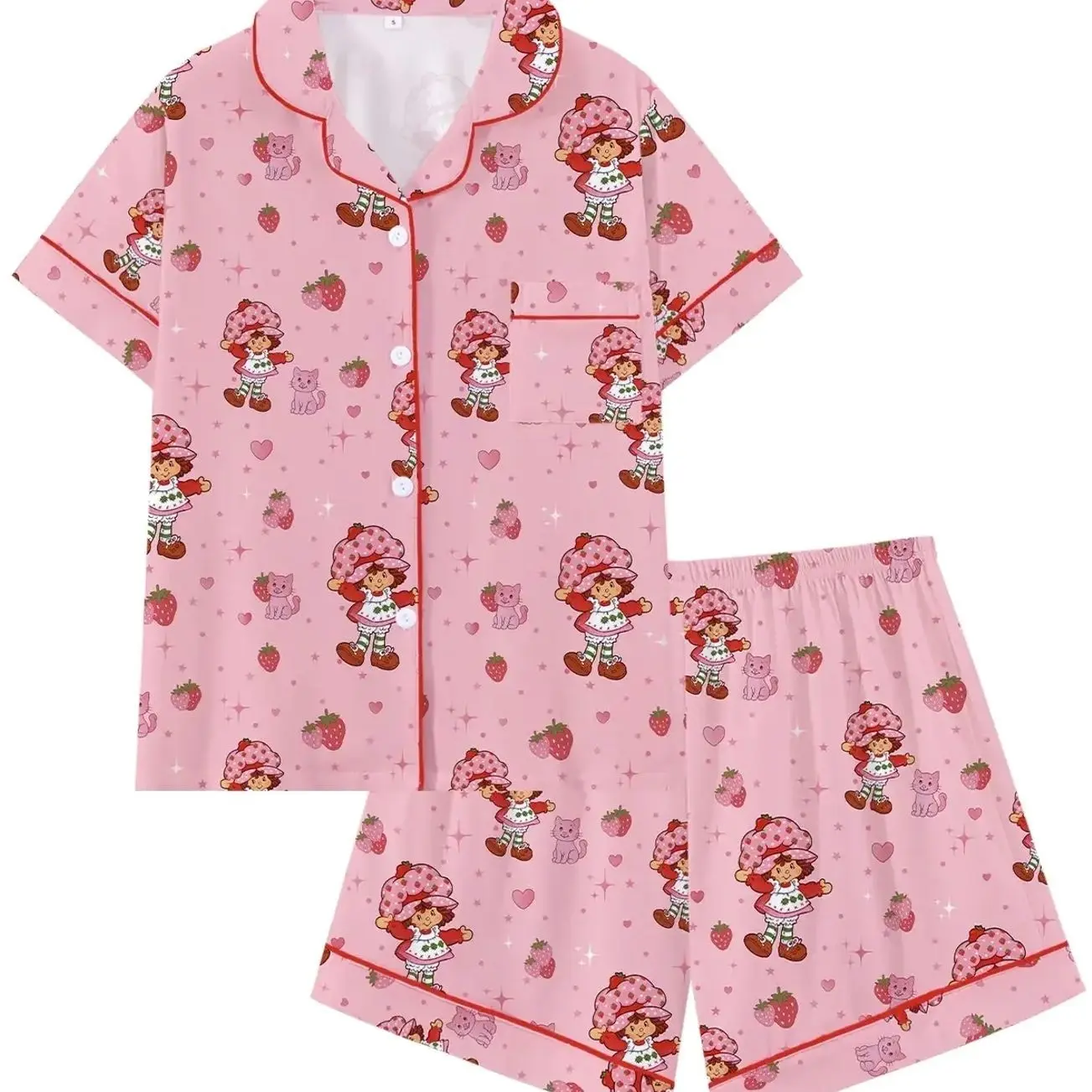 Women's Cute Strawberry Girl & Cat Cartoon Print Pajama Set, Short Sleeve Button Front Top & Shorts, Two-Piece Lounge Wear, Party Gift, Sleepwear & Loungewear