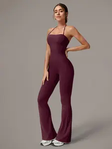 Women's Sportswear One-Piece Pants, Activewear Jumpsuit, Backless Design, Butterfly Bone Show, Flared Hem, High Elastic Fabric, Slimming Effect, Elegant Fit