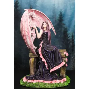 Elegant Pink Wyvern Dragon with Rose Fairy in Black Gown Sitting On Bench Statue