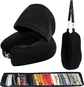 Stuffable Travel Neck Pillow with Hood, Soft Velvet Pillow Stuffable with Clothes, Adjustable Neck Size, Multifunctional Fillable Airplane Travel Neck Pillow for Extra Luggage
