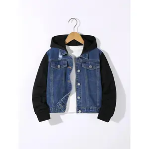 Boys' Blue Denim Jacket with Hoodie Design, Autumn Winter Casual Streetwear, Medium Washed, Perfect Daily Casual Jackets
