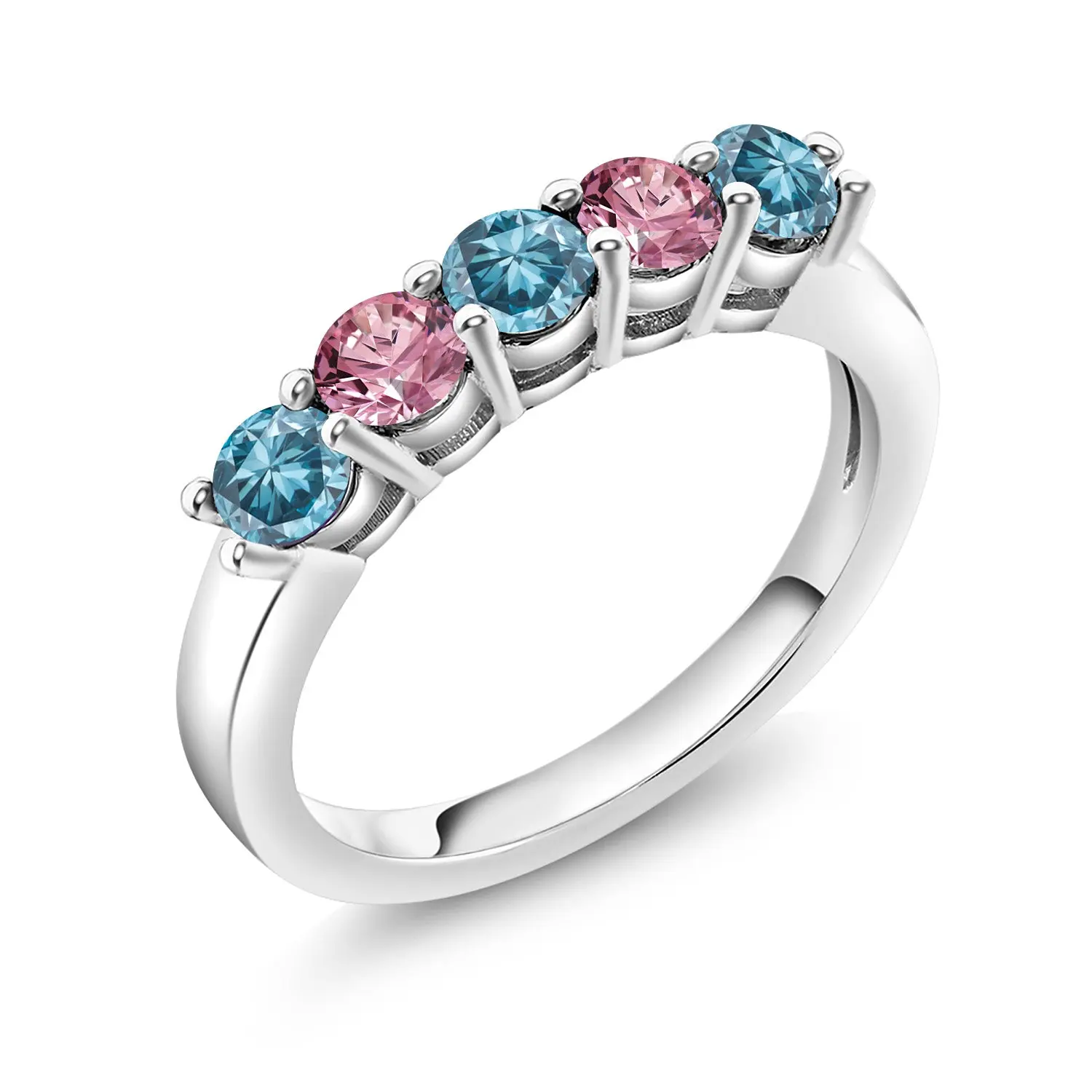 Gem Stone King 925 Sterling Silver Blue Lab Grown Diamond and Pink Lab Grown Diamond Wedding-Bands Ring For Women | 0.87 Cttw | Round 3.5MM | Gemstone April Birthstone