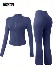 Women's Fashion Yoga Sportswear, Zipper Slim Fit Gym Jacket, Long Sleeve and Wide Leg Pants, Comfortable Casual Running Set, 2 Piece, Sweatsuit Set, Tracksuit Set, Workout Running Clothes, Yoga Bottoms, Sports Activewear Set