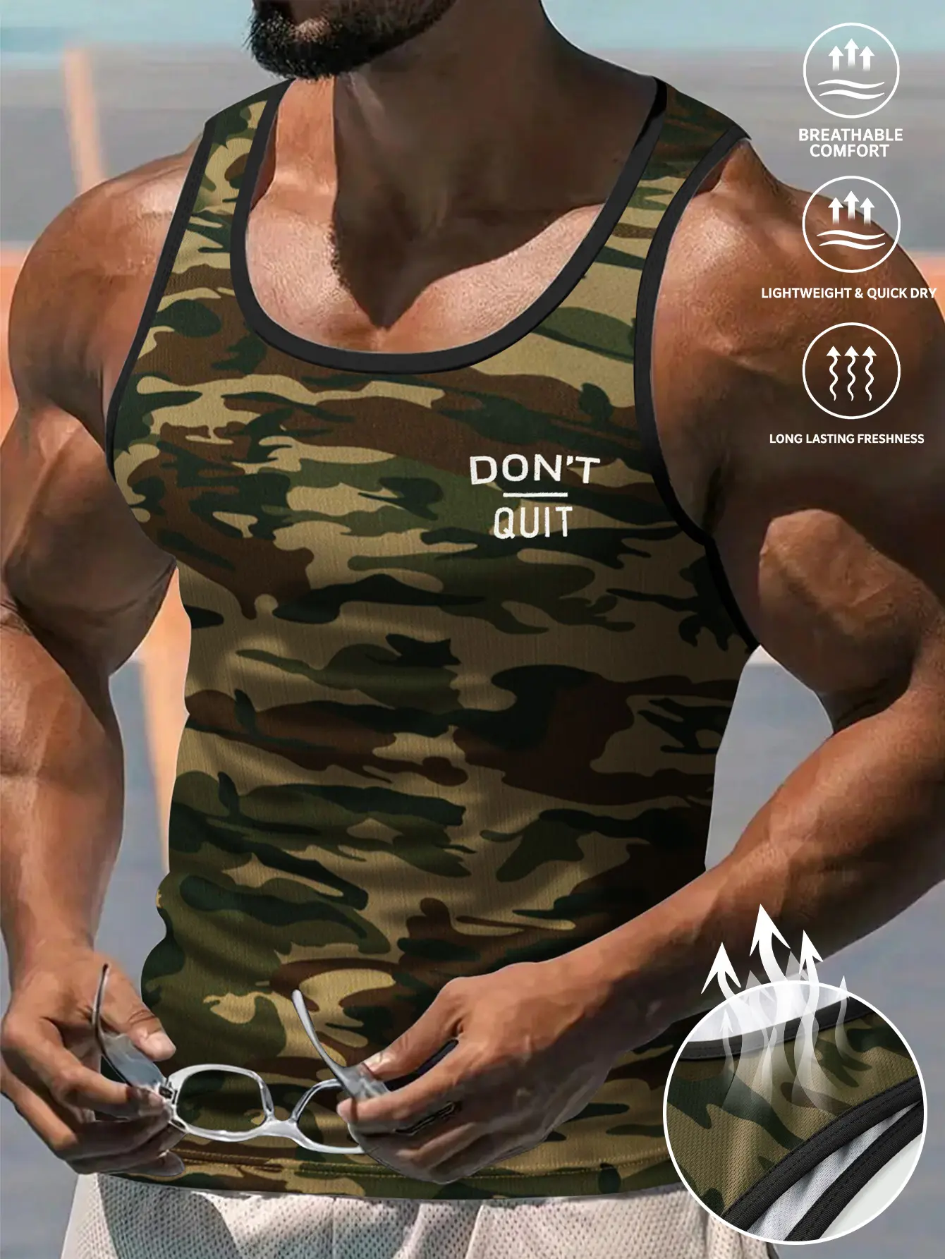 Men’s camouflage sleeveless tank top, wrinkle-resistant smooth fabric, motivational slogan print, slim fit, American street style, men’s fitness wear, sports and outdoor casual top