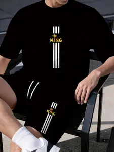 King Letter Short Sleeve T-Shirt Set, Casual Fitted Top & Shorts, Random Print, Ideal for Sports, Fitness, Dating, Friends' Gatherings