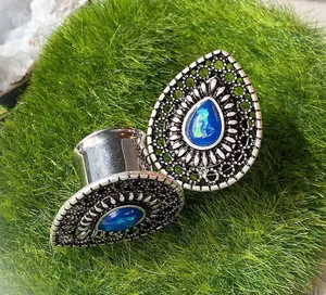 PAIR Antique Silver Teardrop w/ Opal Glitter Center Double Flare Tunnel Plugs