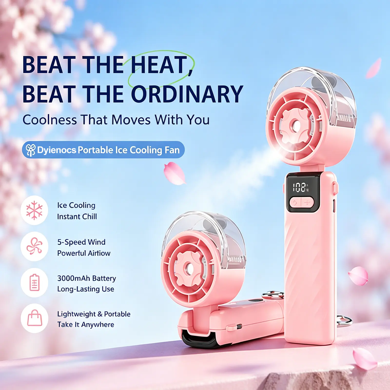 High-speed handheld misting fan, portable spray fan, compact personal device, rechargeable, powerful high speed, can produce water mist, equipped with a 3000 mAh battery, suitable for travel, indoor/outdoor use, and handheld operation.